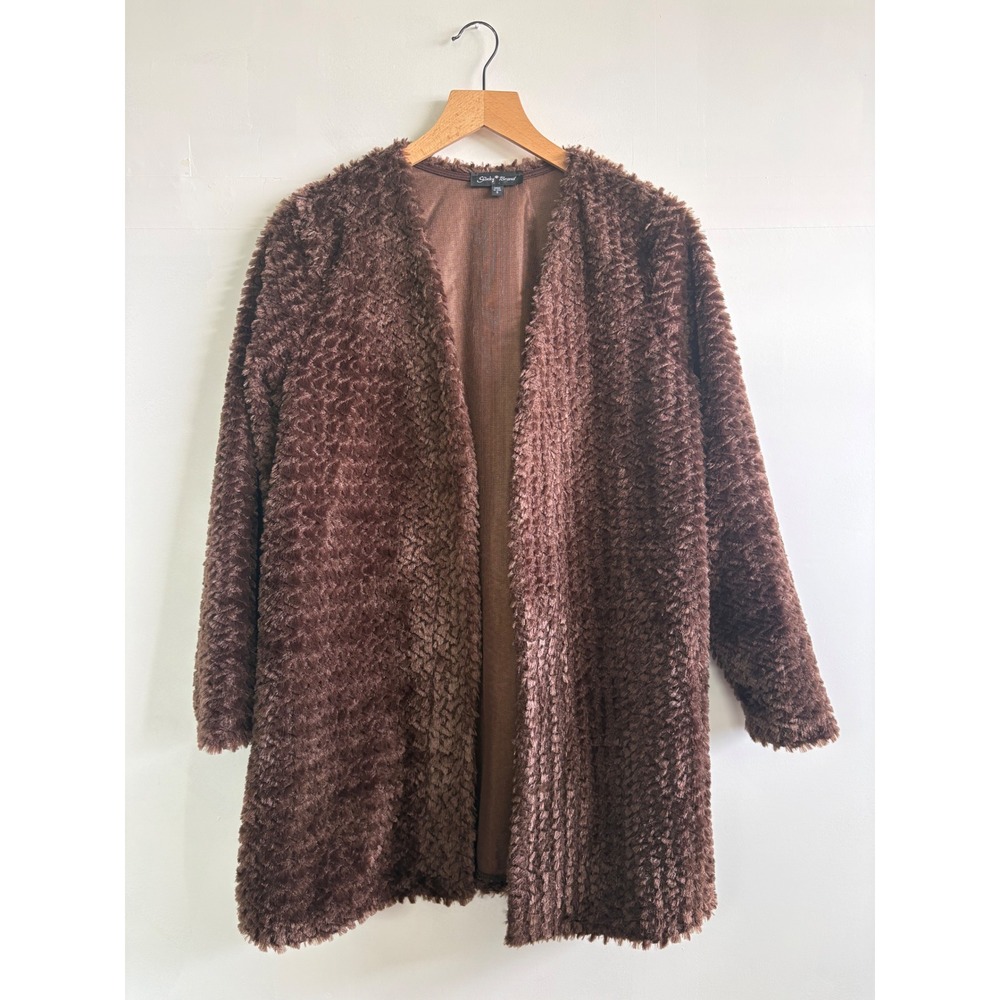 Slinky Brand Faux Fur Open Front Cardigan Brown Longline mob wife S Made in USA